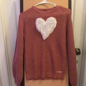 DKNY Pink fuzzy heart sweater, size XL in kid sizes.